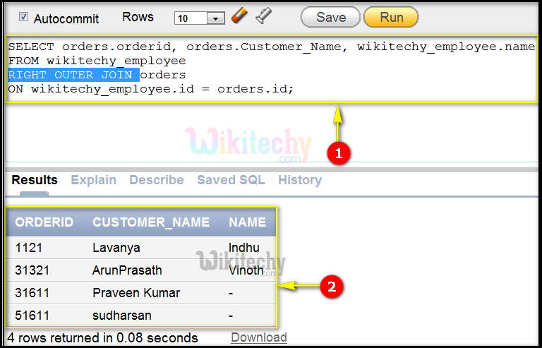  right outer join output and query